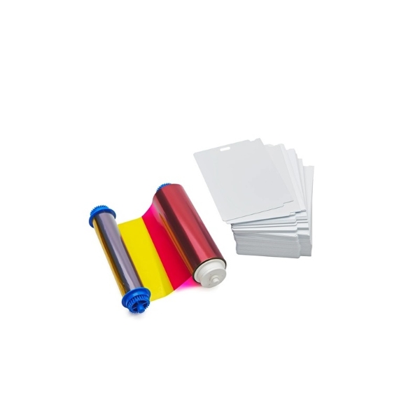 Billede af Zebra ZC10L farvebånd (YMC0) og kort med 1 ovalt hul. Zebra 106000-10L1 - 400 print og 400 kort. ZEB-106000-10L1